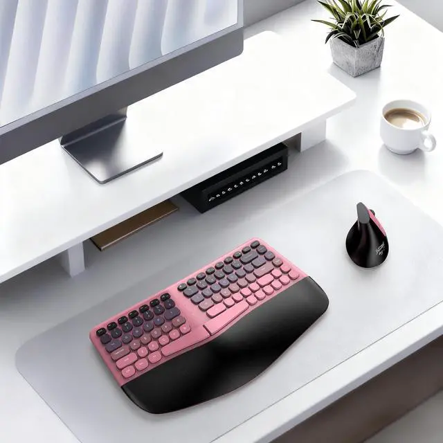 Alt view image 7 of 7 - Wireless Ergonomic Keyboard & Mouse Combo Split Curved Keyboard with Wrist Rest (All-Day Comfort) + Wireless Vertical Ergonomic Optical Mouse, Compatible with PC/Laptop/Desktop- Pink Gradient