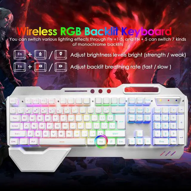 Alt view image 2 of 6 - Wireless Gaming Keyboard and Mouse,RGB Backlit Rechargeable Keyboard Mouse with 5000mAh Battery Metal Panel,Removable Hand Rest Mechanical Feel Keyboard and 7 Color Gaming Mute Mouse for PC Gamers