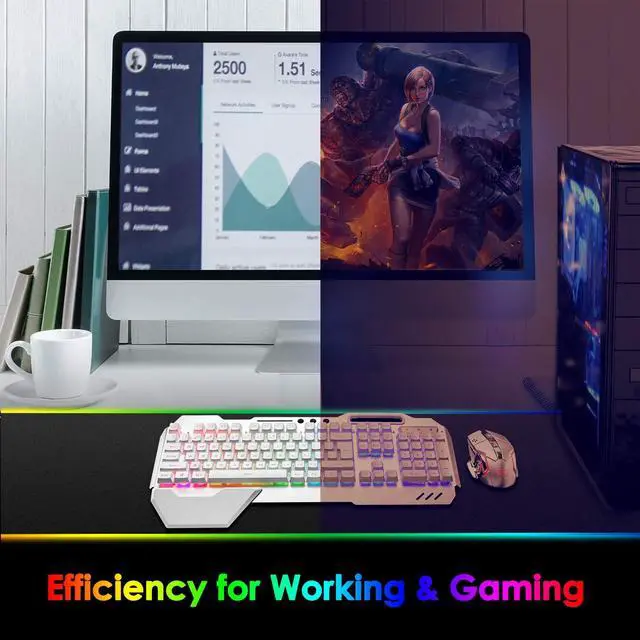 Alt view image 6 of 6 - Wireless Gaming Keyboard and Mouse,RGB Backlit Rechargeable Keyboard Mouse with 5000mAh Battery Metal Panel,Removable Hand Rest Mechanical Feel Keyboard and 7 Color Gaming Mute Mouse for PC Gamers