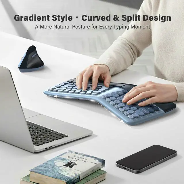 Alt view image 3 of 7 - Wireless Ergonomic Keyboard & Mouse Combo Split Curved Keyboard with Wrist Rest (All-Day Comfort) + Wireless Vertical Ergonomic Optical Mouse, Compatible with PC/Laptop/Desktop- Blue Gradient