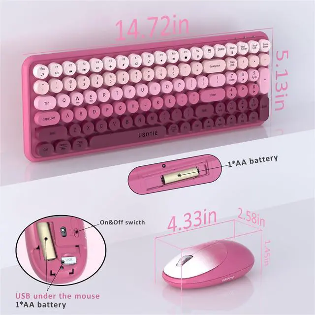 Alt view image 6 of 6 - Wireless Keyboards and Mouse Combos, Colorful Gradient Rainbow Colored Retro Typewriter Flexible Keyboard, 2.4GHz Connection and Optical Mouse(Rosy Gradient)