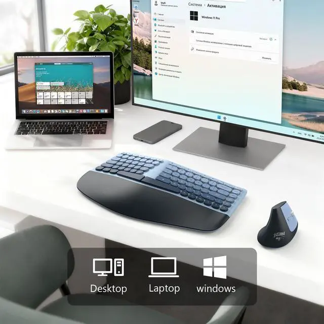 Alt view image 2 of 7 - Wireless Ergonomic Keyboard & Mouse Combo Split Curved Keyboard with Wrist Rest (All-Day Comfort) + Wireless Vertical Ergonomic Optical Mouse, Compatible with PC/Laptop/Desktop- Blue Gradient