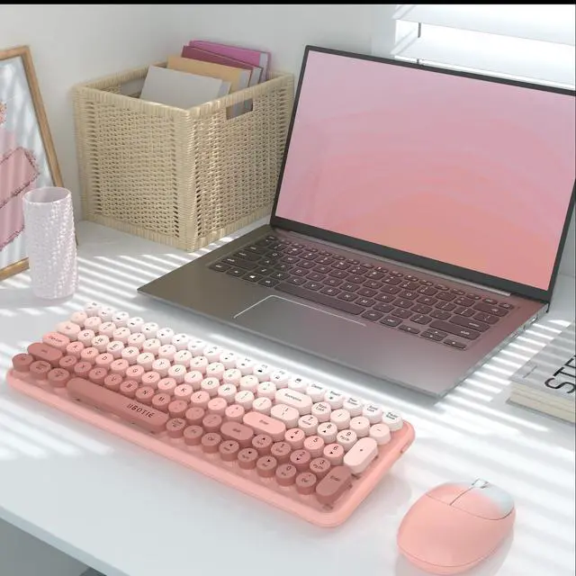 Alt view image 2 of 6 - Wireless Keyboards and Mouse Combos, Colorful Gradient Rainbow Colored Retro Typewriter Flexible Keyboard, 2.4GHz Connection and Optical Mouse(Peach Gradient)