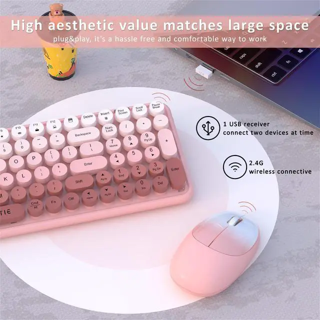 Alt view image 5 of 6 - Wireless Keyboards and Mouse Combos, Colorful Gradient Rainbow Colored Retro Typewriter Flexible Keyboard, 2.4GHz Connection and Optical Mouse(Peach Gradient)