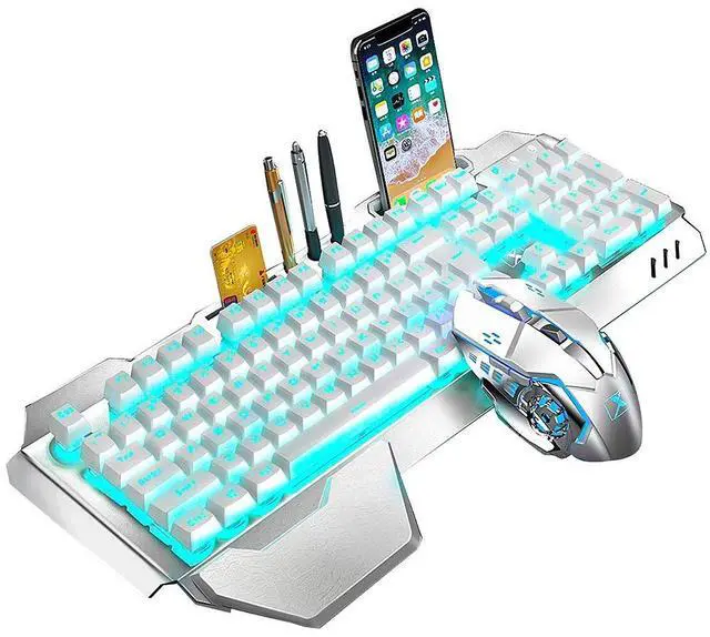 Main image of Wireless Keyboard and Mouse, Blue LED Backlit Rechargeable Keyboard with 3800mAh Battery, Metal Panel, Removable Hand Rest Mechanical Feel, 7 Color Gaming Mute Mouse for PC Gamers