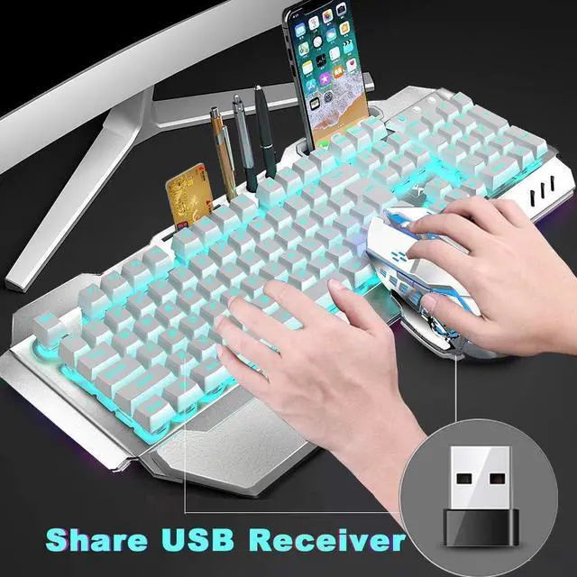 Alt view image 2 of 7 - Wireless Keyboard and Mouse, Blue LED Backlit Rechargeable Keyboard with 3800mAh Battery, Metal Panel, Removable Hand Rest Mechanical Feel, 7 Color Gaming Mute Mouse for PC Gamers