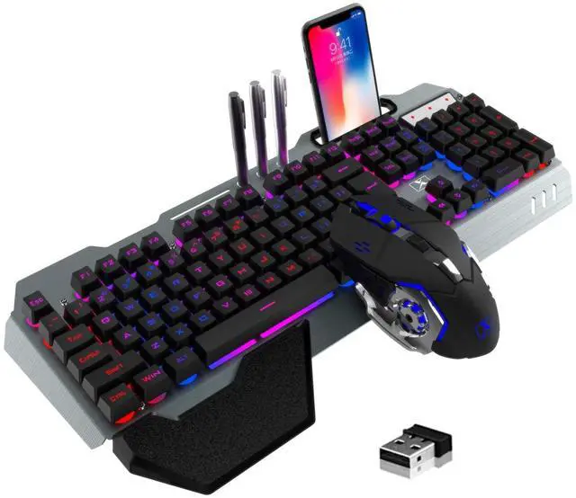 Main image of Wireless Gaming Keyboard and Mouse Combo,Rainbow LED Backlit Keyboard with Rechargeable 3800mAh Battery Metal Panel,Removable Wrist Rest Mechanical Feel and 7 Color Mute Gaming Mice for PC PS4 PS5