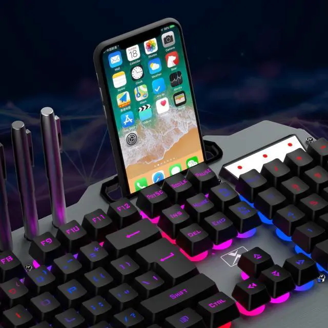 Alt view image 6 of 7 - Wireless Gaming Keyboard and Mouse Combo,Rainbow LED Backlit Keyboard with Rechargeable 3800mAh Battery Metal Panel,Removable Wrist Rest Mechanical Feel and 7 Color Mute Gaming Mice for PC PS4 PS5