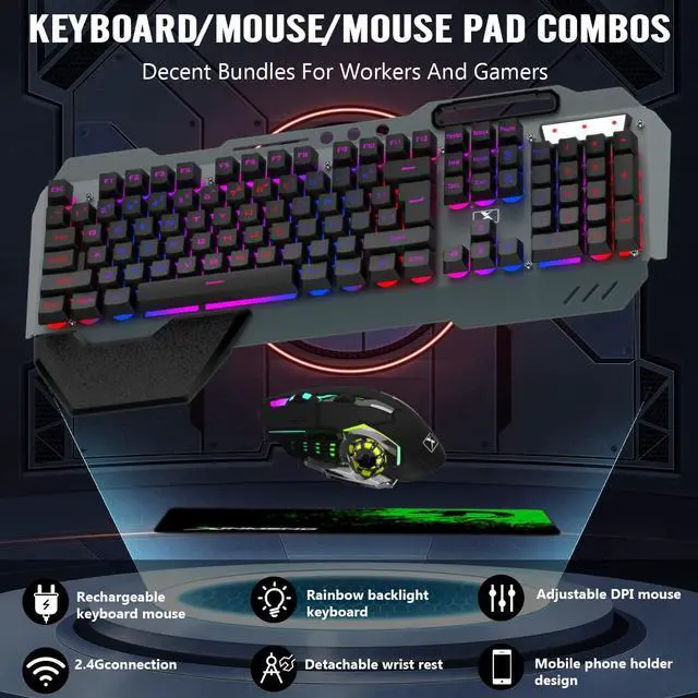 Alt view image 3 of 7 - Wireless Gaming Keyboard and Mouse Combo,Rainbow LED Backlit Keyboard with Rechargeable 3800mAh Battery Metal Panel,Removable Wrist Rest Mechanical Feel and 7 Color Mute Gaming Mice for PC PS4 PS5
