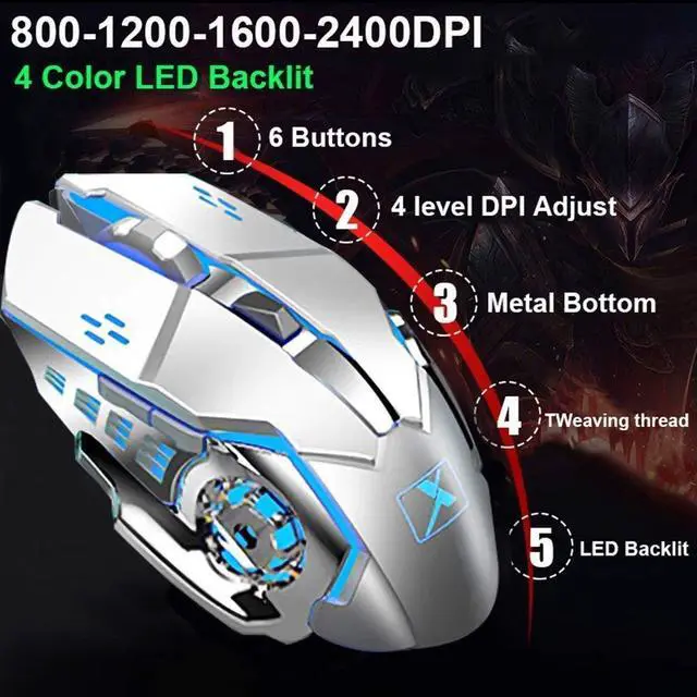 Alt view image 6 of 7 - Wireless Keyboard and Mouse, Blue LED Backlit Rechargeable Keyboard with 3800mAh Battery, Metal Panel, Removable Hand Rest Mechanical Feel, 7 Color Gaming Mute Mouse for PC Gamers