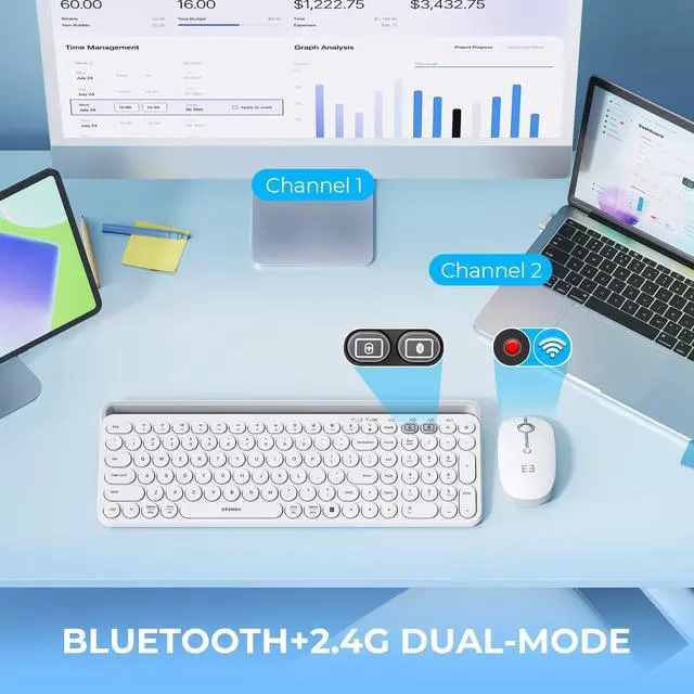 Alt view image 2 of 7 - Bluetooth Keyboard and Mouse for iPad, CTU-301 Wireless Multi-Device Connection Bluetooth+2.4G Keyboard Mouse Combo with Tablet Holder for iPad/MacBook/Windows, iOS/Android/Phone, White