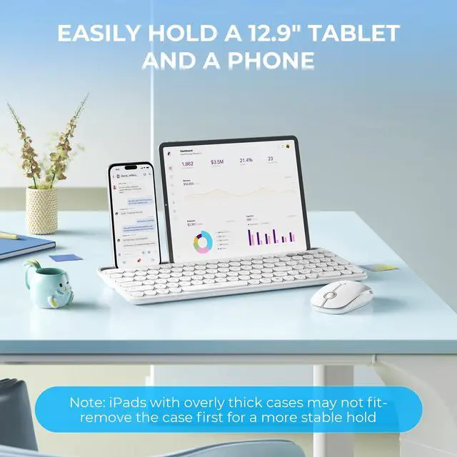 Alt view image 3 of 7 - Bluetooth Keyboard and Mouse for iPad, CTU-301 Wireless Multi-Device Connection Bluetooth+2.4G Keyboard Mouse Combo with Tablet Holder for iPad/MacBook/Windows, iOS/Android/Phone, White
