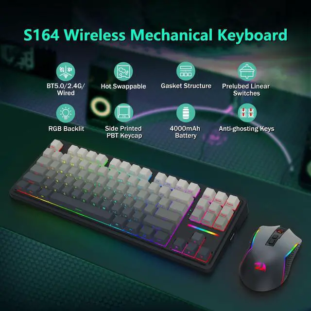 Alt view image 2 of 7 - Wireless Mechanical Keyboard and Mouse Combo, Bluetooth/2.4Ghz/USB-C Wired, RGB Backlit, TKL Creamy Gaming Keyboard with Hot Swappable Linear Switches + 12800 DPI Gamer Mouse