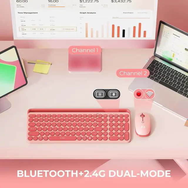 Alt view image 2 of 7 - Bluetooth Keyboard and Mouse for iPad, CTU-301 Wireless Multi-Device Connection Bluetooth+2.4G Keyboard Mouse Combo with Tablet Holder for iPad/MacBook/Windows, iOS/Android/Phone, Coral Pink