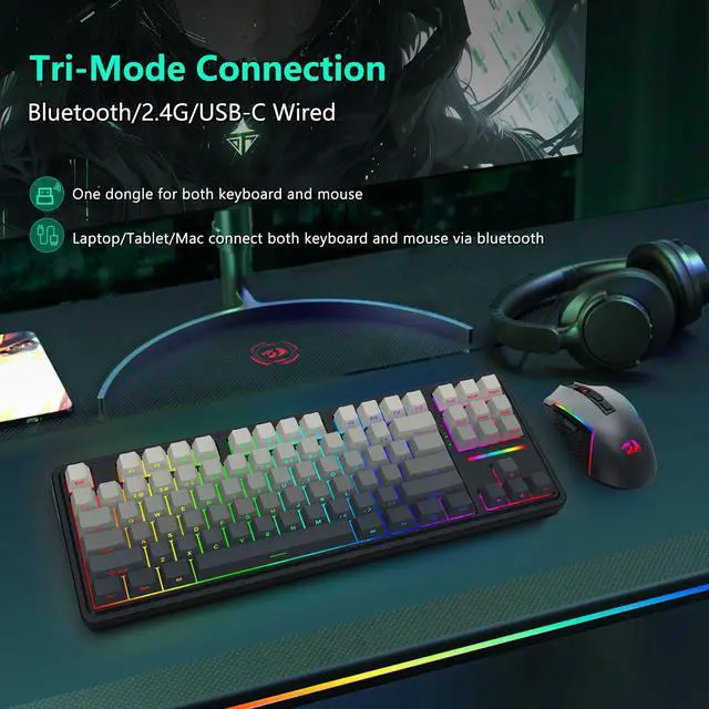 Alt view image 4 of 7 - Wireless Mechanical Keyboard and Mouse Combo, Bluetooth/2.4Ghz/USB-C Wired, RGB Backlit, TKL Creamy Gaming Keyboard with Hot Swappable Linear Switches + 12800 DPI Gamer Mouse