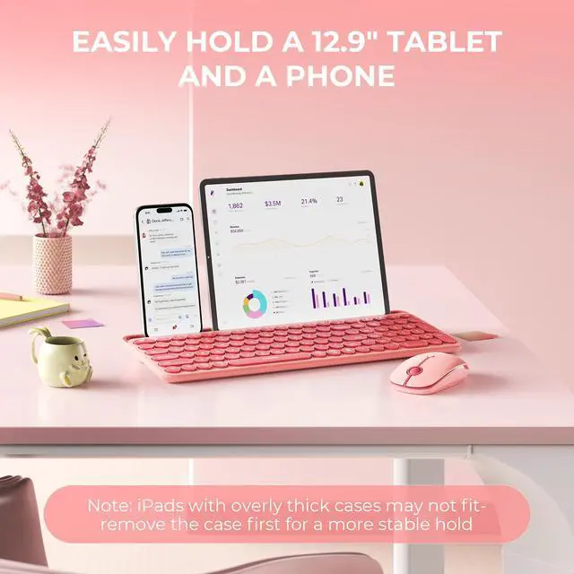 Alt view image 3 of 7 - Bluetooth Keyboard and Mouse for iPad, CTU-301 Wireless Multi-Device Connection Bluetooth+2.4G Keyboard Mouse Combo with Tablet Holder for iPad/MacBook/Windows, iOS/Android/Phone, Coral Pink