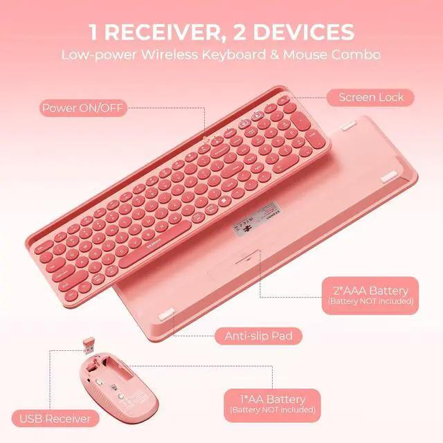 Alt view image 5 of 7 - Bluetooth Keyboard and Mouse for iPad, CTU-301 Wireless Multi-Device Connection Bluetooth+2.4G Keyboard Mouse Combo with Tablet Holder for iPad/MacBook/Windows, iOS/Android/Phone, Coral Pink