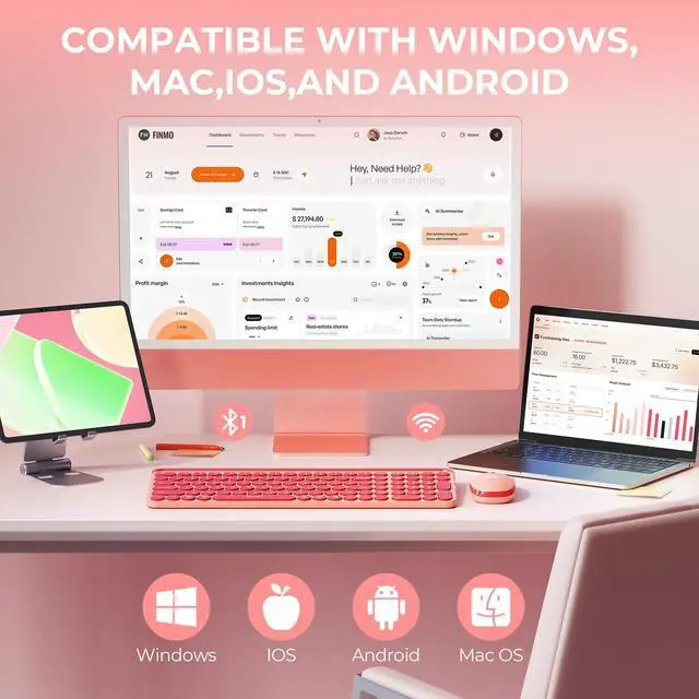 Alt view image 7 of 7 - Bluetooth Keyboard and Mouse for iPad, CTU-301 Wireless Multi-Device Connection Bluetooth+2.4G Keyboard Mouse Combo with Tablet Holder for iPad/MacBook/Windows, iOS/Android/Phone, Coral Pink