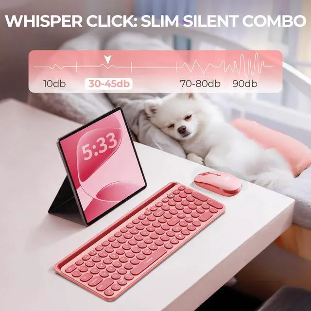 Alt view image 4 of 7 - Bluetooth Keyboard and Mouse for iPad, CTU-301 Wireless Multi-Device Connection Bluetooth+2.4G Keyboard Mouse Combo with Tablet Holder for iPad/MacBook/Windows, iOS/Android/Phone, Coral Pink