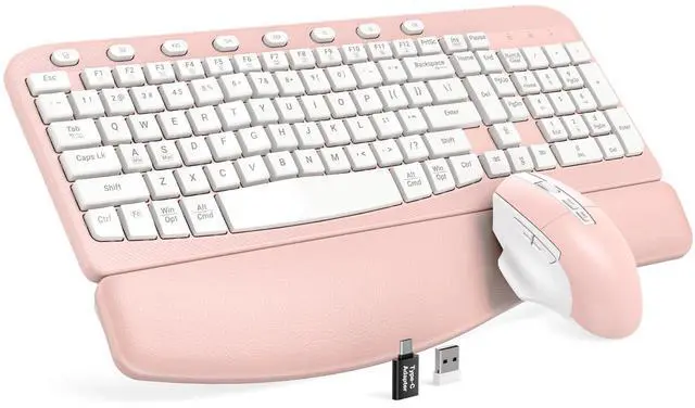 Main image of Wireless Keyboard and Mouse Combo, Ergonomic Wave Keys, Cushioned Plam Rest, Comfortable Silent Natural Typing, 2.4G Lag-Free, MA12 Full Size Keyboards Set for Multi-OS, Windows/Mac, Pink