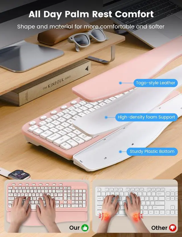 Alt view image 2 of 7 - Wireless Keyboard and Mouse Combo, Ergonomic Wave Keys, Cushioned Plam Rest, Comfortable Silent Natural Typing, 2.4G Lag-Free, MA12 Full Size Keyboards Set for Multi-OS, Windows/Mac, Pink