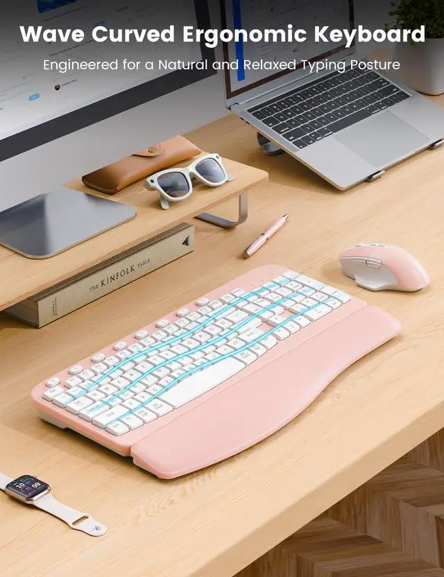 Alt view image 3 of 7 - Wireless Keyboard and Mouse Combo, Ergonomic Wave Keys, Cushioned Plam Rest, Comfortable Silent Natural Typing, 2.4G Lag-Free, MA12 Full Size Keyboards Set for Multi-OS, Windows/Mac, Pink