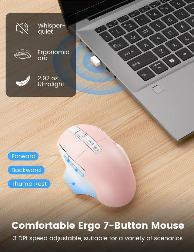 Alt view image 5 of 7 - Wireless Keyboard and Mouse Combo, Ergonomic Wave Keys, Cushioned Plam Rest, Comfortable Silent Natural Typing, 2.4G Lag-Free, MA12 Full Size Keyboards Set for Multi-OS, Windows/Mac, Pink