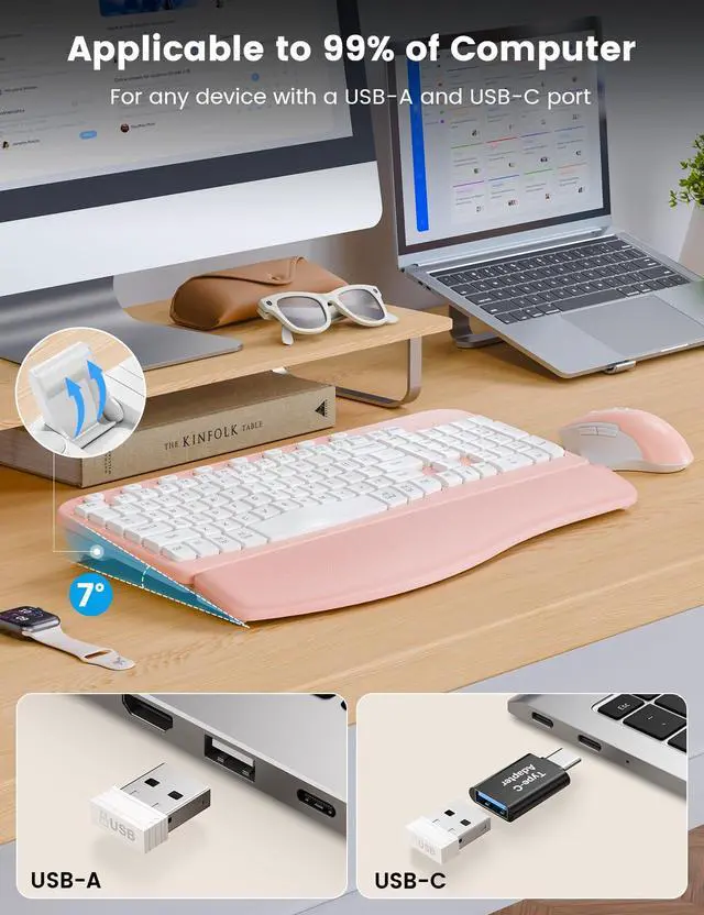 Alt view image 4 of 7 - Wireless Keyboard and Mouse Combo, Ergonomic Wave Keys, Cushioned Plam Rest, Comfortable Silent Natural Typing, 2.4G Lag-Free, MA12 Full Size Keyboards Set for Multi-OS, Windows/Mac, Pink