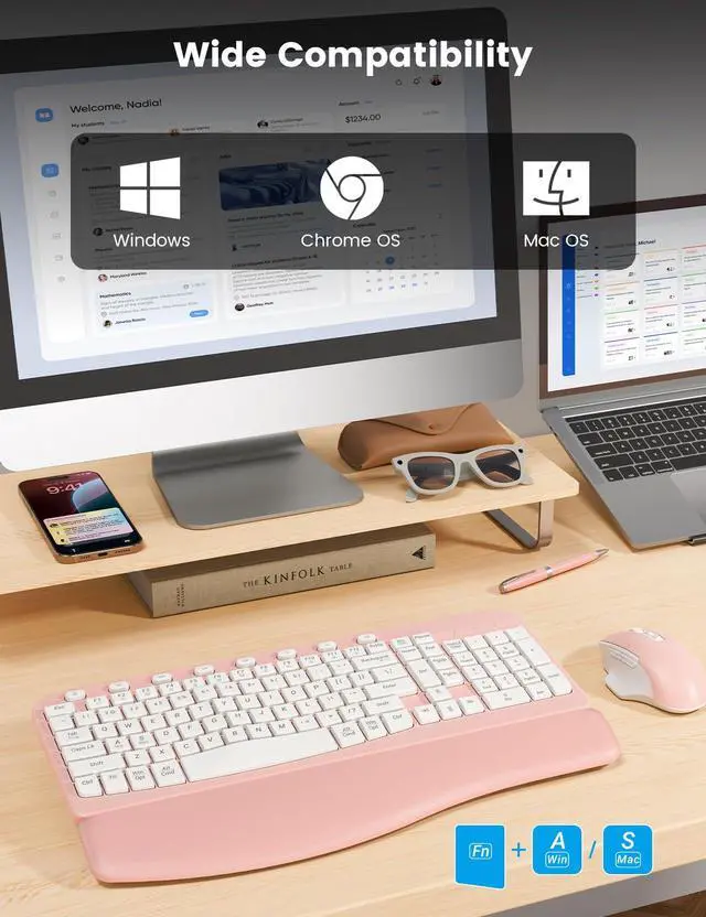 Alt view image 7 of 7 - Wireless Keyboard and Mouse Combo, Ergonomic Wave Keys, Cushioned Plam Rest, Comfortable Silent Natural Typing, 2.4G Lag-Free, MA12 Full Size Keyboards Set for Multi-OS, Windows/Mac, Pink