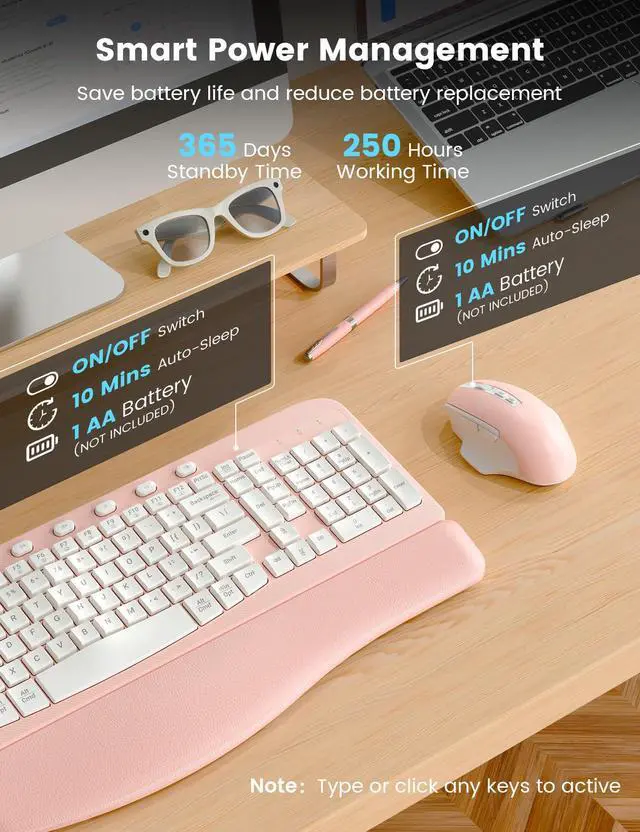 Alt view image 6 of 7 - Wireless Keyboard and Mouse Combo, Ergonomic Wave Keys, Cushioned Plam Rest, Comfortable Silent Natural Typing, 2.4G Lag-Free, MA12 Full Size Keyboards Set for Multi-OS, Windows/Mac, Pink