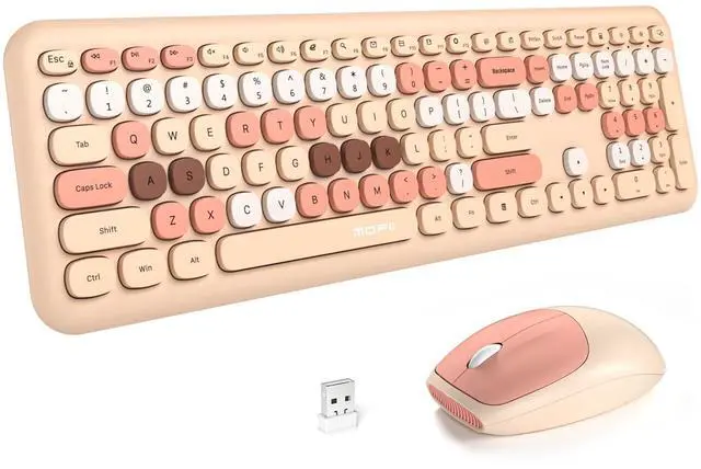 Main image of Wireless Computer Keyboard and Mouse Set, Colorful Full Size Keyboard with Number Pad and Silent Mouse for PC Desktop Windows (Milk Tea)