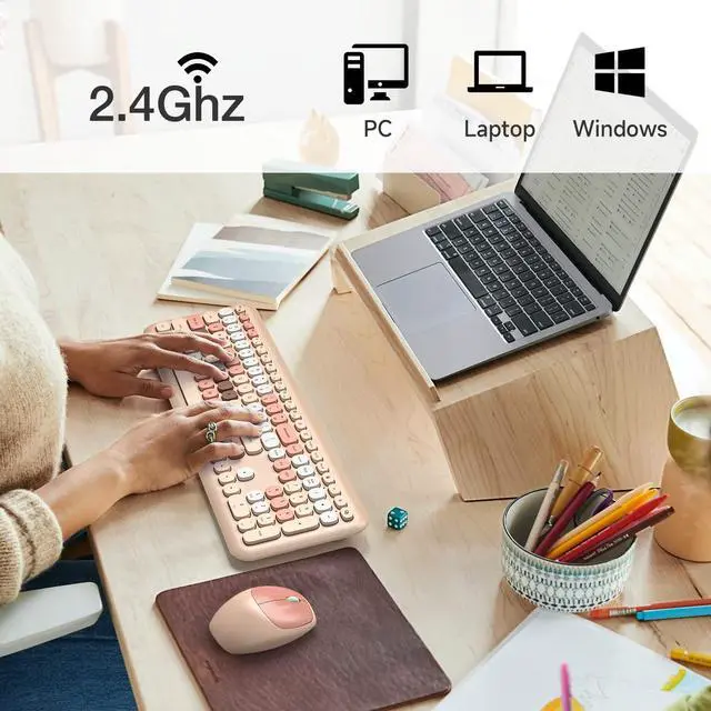 Alt view image 4 of 7 - Wireless Computer Keyboard and Mouse Set, Colorful Full Size Keyboard with Number Pad and Silent Mouse for PC Desktop Windows (Milk Tea)