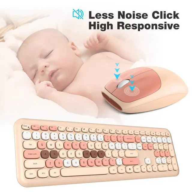 Alt view image 3 of 7 - Wireless Computer Keyboard and Mouse Set, Colorful Full Size Keyboard with Number Pad and Silent Mouse for PC Desktop Windows (Milk Tea)