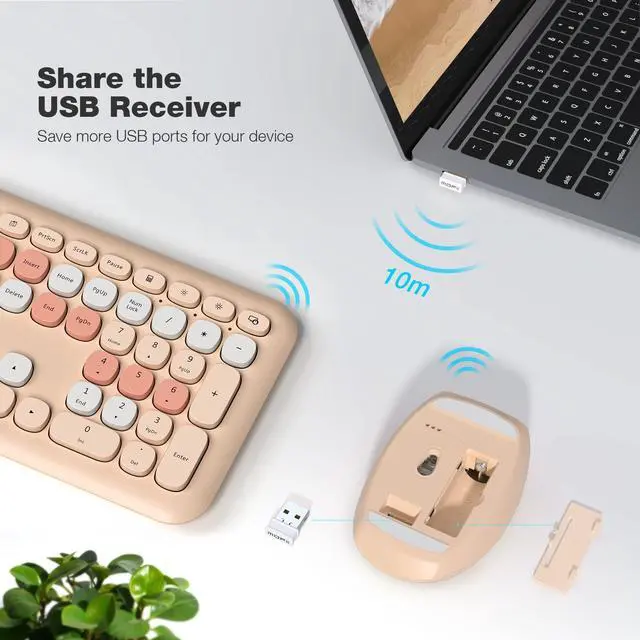 Alt view image 2 of 7 - Wireless Computer Keyboard and Mouse Set, Colorful Full Size Keyboard with Number Pad and Silent Mouse for PC Desktop Windows (Milk Tea)