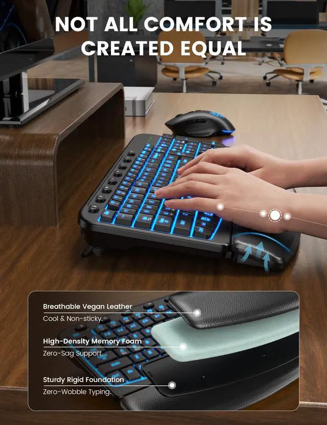 Alt view image 3 of 7 - Wireless Keyboard and Mouse Combo Ergonomic - MA12Pro Wave Keyboard with Leather Wrist Rest for Comfortable Typing, RGB Backlit Rechargeable for Windows, Mac, PC, Laptop