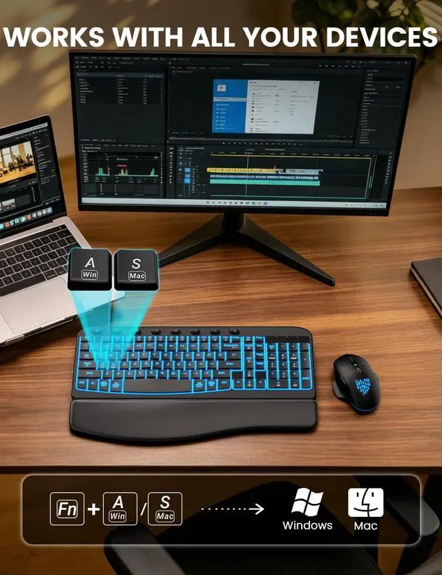 Alt view image 5 of 7 - Wireless Keyboard and Mouse Combo Ergonomic - MA12Pro Wave Keyboard with Leather Wrist Rest for Comfortable Typing, RGB Backlit Rechargeable for Windows, Mac, PC, Laptop
