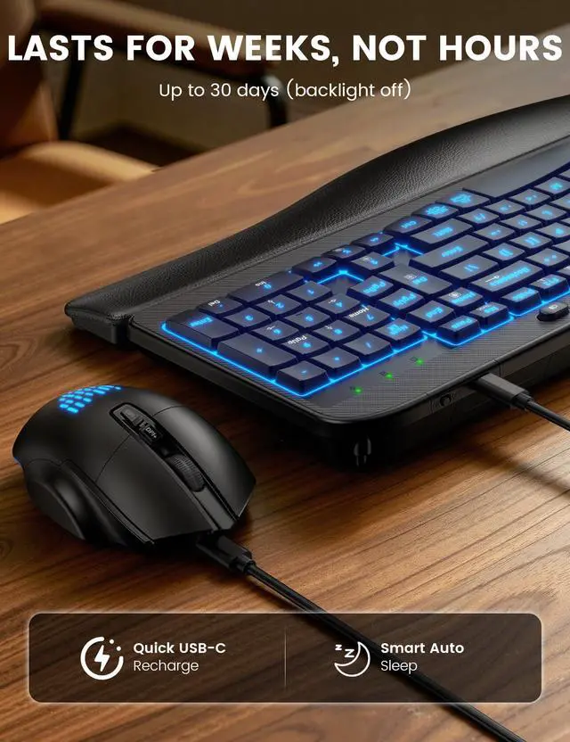 Alt view image 6 of 7 - Wireless Keyboard and Mouse Combo Ergonomic - MA12Pro Wave Keyboard with Leather Wrist Rest for Comfortable Typing, RGB Backlit Rechargeable for Windows, Mac, PC, Laptop