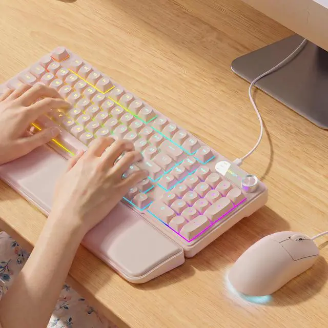 Main image of Wired Keyboard and Mouse Combo with Detachable Wrist Rest, Quiet Ergonomic Keyboard Mouse Set with Multimedia Knob, RGB Backlit, Double-Shot Keycaps Natural Typing for Laptop, PC - Peach