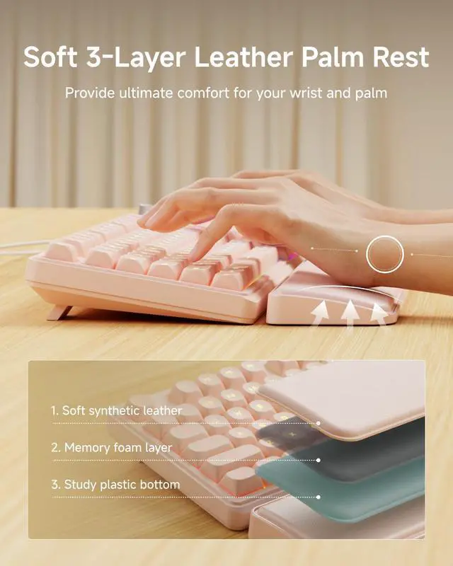 Alt view image 4 of 7 - Wired Keyboard and Mouse Combo with Detachable Wrist Rest, Quiet Ergonomic Keyboard Mouse Set with Multimedia Knob, RGB Backlit, Double-Shot Keycaps Natural Typing for Laptop, PC - Peach