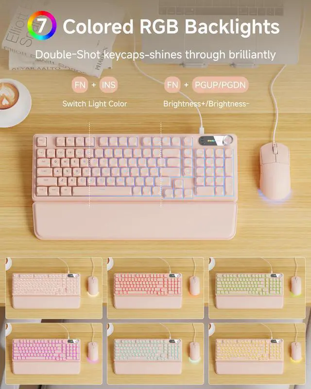 Alt view image 2 of 7 - Wired Keyboard and Mouse Combo with Detachable Wrist Rest, Quiet Ergonomic Keyboard Mouse Set with Multimedia Knob, RGB Backlit, Double-Shot Keycaps Natural Typing for Laptop, PC - Peach