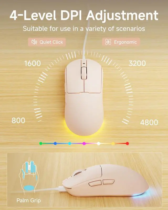 Alt view image 5 of 7 - Wired Keyboard and Mouse Combo with Detachable Wrist Rest, Quiet Ergonomic Keyboard Mouse Set with Multimedia Knob, RGB Backlit, Double-Shot Keycaps Natural Typing for Laptop, PC - Peach