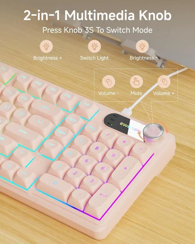 Alt view image 7 of 7 - Wired Keyboard and Mouse Combo with Detachable Wrist Rest, Quiet Ergonomic Keyboard Mouse Set with Multimedia Knob, RGB Backlit, Double-Shot Keycaps Natural Typing for Laptop, PC - Peach