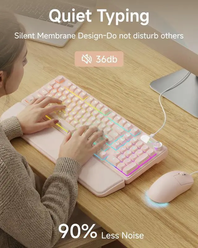 Alt view image 6 of 7 - Wired Keyboard and Mouse Combo with Detachable Wrist Rest, Quiet Ergonomic Keyboard Mouse Set with Multimedia Knob, RGB Backlit, Double-Shot Keycaps Natural Typing for Laptop, PC - Peach