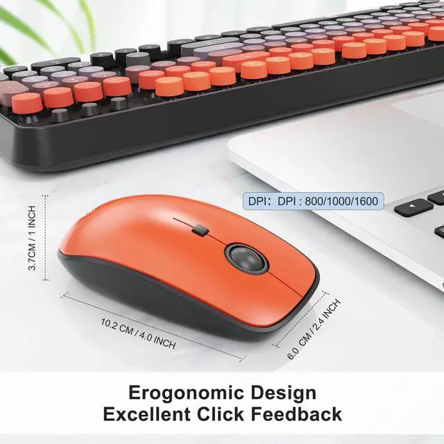 Alt view image 4 of 7 - Orange Retro Wireless Keyboard and Mouse Combo, Aesthetic Round Key Typewriter Keyboard, Colorful Full Size Bubble Keyboard with Number Pad for PC Laptop Desktop