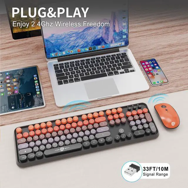 Alt view image 2 of 7 - Orange Retro Wireless Keyboard and Mouse Combo, Aesthetic Round Key Typewriter Keyboard, Colorful Full Size Bubble Keyboard with Number Pad for PC Laptop Desktop