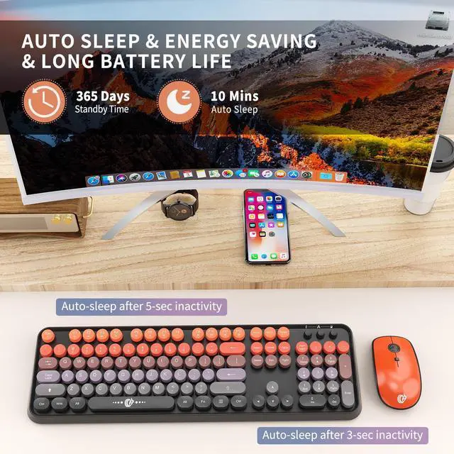 Alt view image 6 of 7 - Orange Retro Wireless Keyboard and Mouse Combo, Aesthetic Round Key Typewriter Keyboard, Colorful Full Size Bubble Keyboard with Number Pad for PC Laptop Desktop
