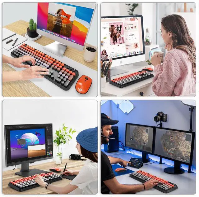 Alt view image 7 of 7 - Orange Retro Wireless Keyboard and Mouse Combo, Aesthetic Round Key Typewriter Keyboard, Colorful Full Size Bubble Keyboard with Number Pad for PC Laptop Desktop