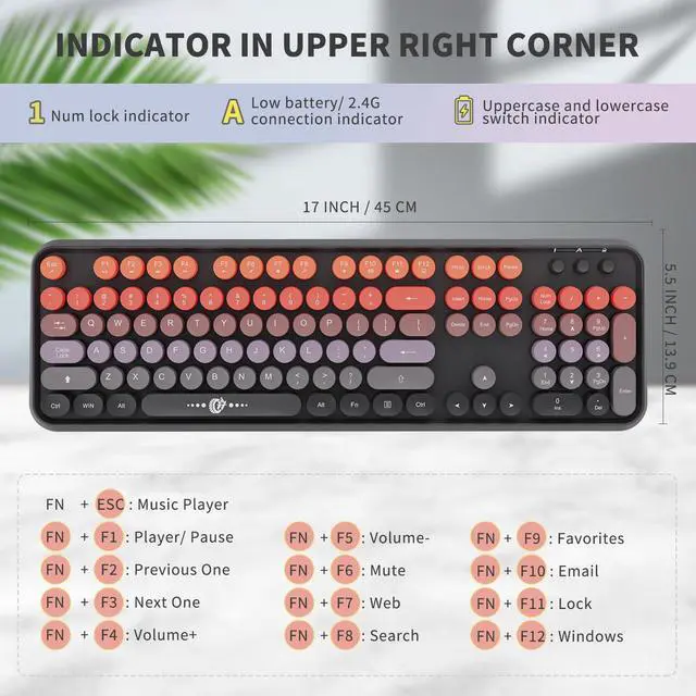 Alt view image 3 of 7 - Orange Retro Wireless Keyboard and Mouse Combo, Aesthetic Round Key Typewriter Keyboard, Colorful Full Size Bubble Keyboard with Number Pad for PC Laptop Desktop