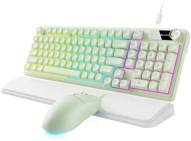 Main image of Wired Keyboard and Mouse Combo with Detachable Wrist Rest, Quiet Ergonomic Keyboard Mouse Set with Multimedia Knob, RGB Backlit, Double-Shot Keycaps Natural Typing for Laptop, PC - Green