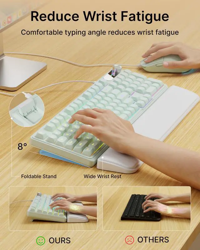 Alt view image 2 of 7 - Wired Keyboard and Mouse Combo with Detachable Wrist Rest, Quiet Ergonomic Keyboard Mouse Set with Multimedia Knob, RGB Backlit, Double-Shot Keycaps Natural Typing for Laptop, PC - Green